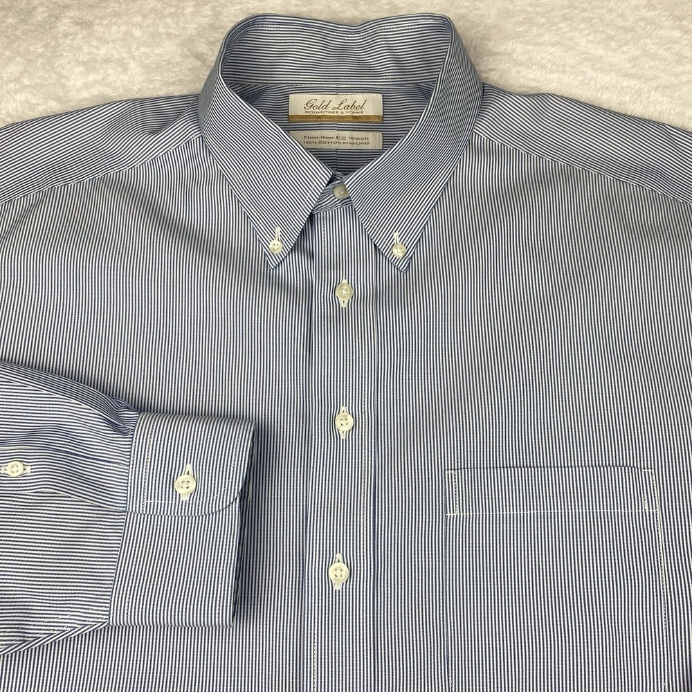 Roundtree & Yorke Gold Label Dress Shirt Mens 17-36 Blue White Stripes No Iron